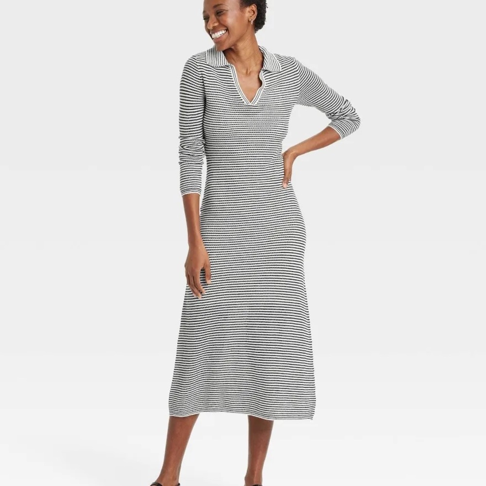Striped Black and White Midi Sweater Dress